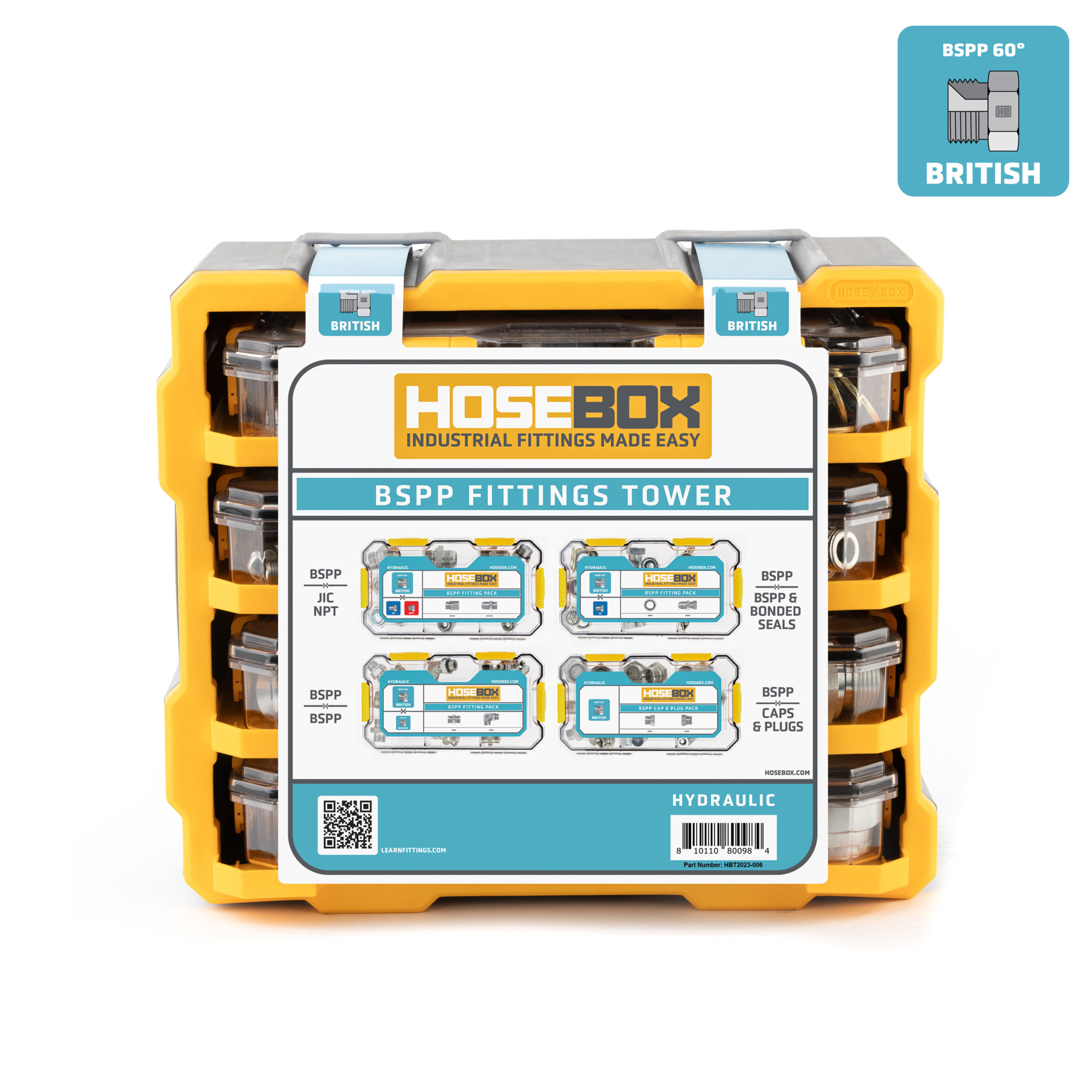 HoseBox, BSPP Fittings Tower - 86 Adapters - 60 BSPP Seals, Fitting Size Other in, Model# HBT2023-006